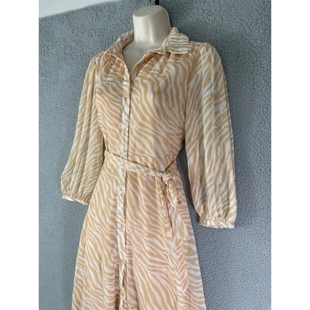 Harlow & Rose Beige Zebra Print Belted Collared‎ Midi Shirt Dress Women’s Size S